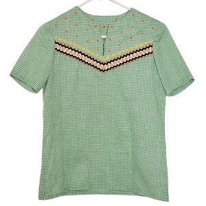 🟢1395 * Handmade Girls Gingham Top Green White Size Unknown Vintage 70s